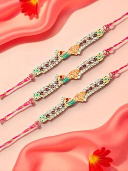 ADIVA - Pack Of 3 Cz Stone & Beads Peacock Thread Rakhis With Roli Chawal Chandan & Card