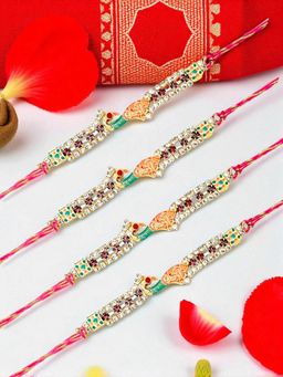 ADIVA - Pack Of 4 Cz Stone & Beads Peacock Thread Rakhis With Roli Chawal Chandan & Card