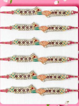 ADIVA - Pack Of 6 Cz Stone & Beads Peacock Thread Rakhis With Roli Chawal Chandan & Card