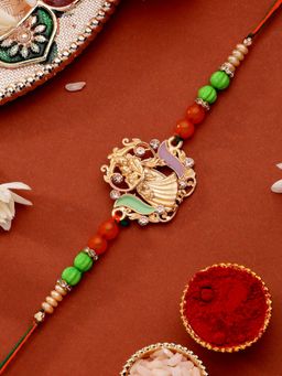 ADIVA - Handmade Cz Stone Lord Radha & Krishna Thread Rakhi With Roli Chawal Chandan & Card