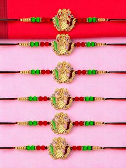 ADIVA - Pack Of 6 Cz Stone Lord Radha & Krishna Thread Rakhis With Roli Chawal Chandan & Card