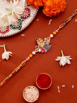 ADIVA - Kundan & Beads Lord Radha & Krishna Thread Rakhi With Roli Chawal Chandan & Card