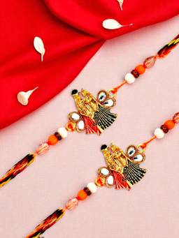 ADIVA - Pack Of 2 Kundan & Beads Lord Radha & Krishna Thread Rakhis With Roli Chawal Chandan Card