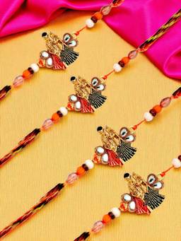 ADIVA - Pack Of 4 Kundan & Beads Lord Radha & Krishna Thread Rakhis With Roli Chawal Chandan Card