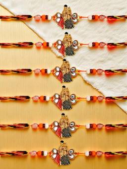 ADIVA - Pack Of 6 Kundan & Beads Lord Radha & Krishna Thread Rakhis With Roli Chawal Chandan Card