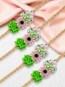 ADIVA - Pack Of 4 Handmade Cz Stone & Beads Rakhis With Roli Chawal Chandan & Meshrei Card