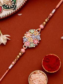 ADIVA - Multicolour Cz Stone And Beads Floral Thread Rakhi With Roli Chawal Chandan & Card