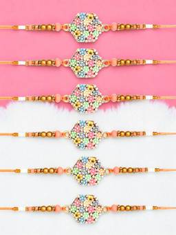 ADIVA - Pack Of 6 Multicolour Cz Stone And Beads Floral Thread Rakhis With Roli Chawal Chandan Card