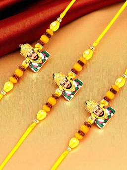 ADIVA - Pack Of 3 Handmade Lord Khatu Shyam Beads Thread Rakhis With Roli Chawal Chandan Card