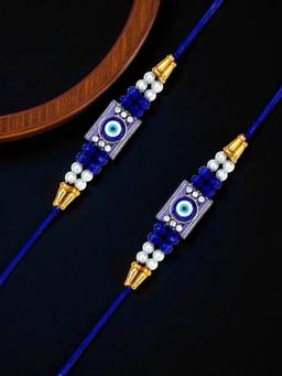 ADIVA - Pack Of 2 Cz Stone & Beads Evil Eye Thread Rakhi With Roli Chawal Chandan & Card