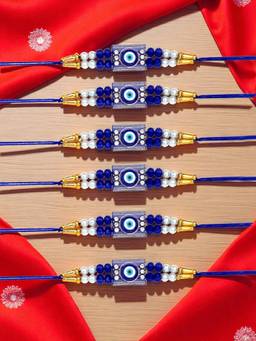 ADIVA - Pack Of 6 Cz Stone & Beads Evil Eye Thread Rakhi With Roli Chawal Chandan & Card