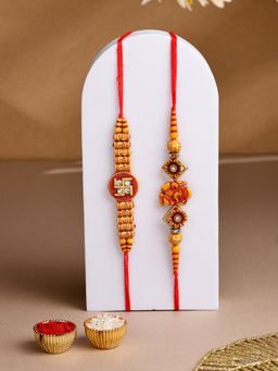 ADIVA - Pack Of 2 Handmade Lord Ganesha & Swatika Thread Rakhi With Roli Chawal Chandan & Card