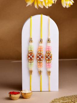 ADIVA - Set Of 3 Handmade Kundan & Beads Om Thread Rakhi With Roli Chawal Chandan & Card
