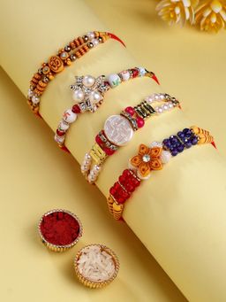 ADIVA - Set Of 4 Stone & Beads Floral God Symbol Thread Rakhi With Roli Chawal Chandan Card