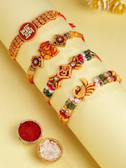 ADIVA - Set Of 4 Cz Stone & Beads God Symbol Thread Rakhi With Roli Chawal Chandan Card
