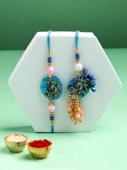 ADIVA - Handmade Beads & Pearls Peacock Thread Lumba Rakhi With Roli Chawal Chandan & Card