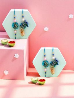 ADIVA - Pack Of 2 Handmade Beads & Pearls Peacock Thread Lumba Rakhi With Roli Chawal Chandan & Card