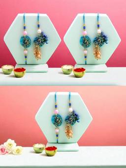 ADIVA - Pack Of 3 Handmade Beads & Pearls Peacock Thread Lumba Rakhi With Roli Chawal Chandan & Card
