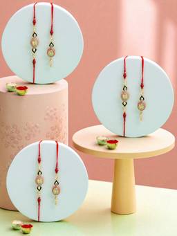 ADIVA - Pack Of 3 Gold-Plated Kundan & Beads Thread Lumba Rakhi With Roli Chawal Chandan & Card