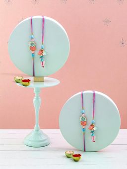 ADIVA - Pack Of 2 Beads & Pearl Floral Lumba Rakhi With Roli Chawal Chandan& Card
