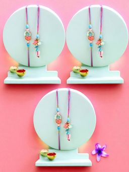 ADIVA - Pack Of 3 Beads & Pearl Floral Lumba Rakhi With Roli Chawal Chandan& Card