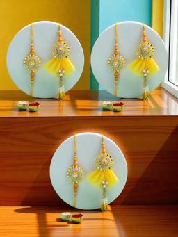 ADIVA - Pack Of 3 Stone-Studded & Beaded Bhaiya Bhabhi Rakhi Lumba Set With Roli Chawal Chandan Card