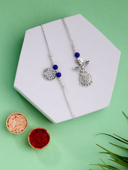 ADIVA - Silver-Plated Beads Bhaiya Bhabhi Rakhi Lumba Set With Roli Chawal Chandan Card