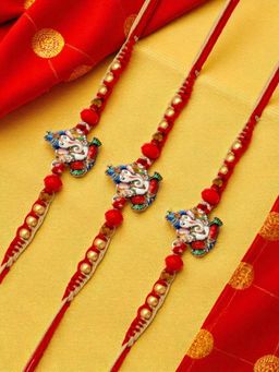 ADIVA - Pack Of 3 Lord Ganesha Beads Thread Rakhi With Thali Roli Chawal Bag Gift Set