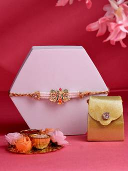 ADIVA - Lord Krishna Kundan & Beads Thread Rakhi With Thali Roli Chawal Bag Gift Set