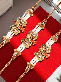 ADIVA - Pack Of 3 Lord Krishna Kundan & Beads Thread Rakhi With Thali Roli Chawal Bag Gift Set