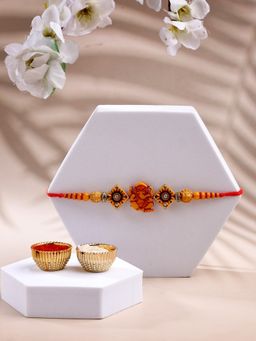 ADIVA - Lord Ganesha Stone & Beads Thread Rakhi With Thali Roli Chawal Bag Gift Set