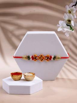 ADIVA - Om Symbol Cz Stone & Beads Thread Rakhi With Thali Roli Chawal Bag Gift Set