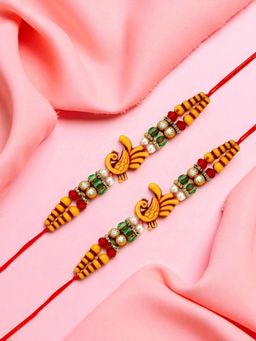 ADIVA - Pack Of 2 Peacock Cz Stone & Beads Thread Rakhi With Thali Roli Chawal Bag Gift Set