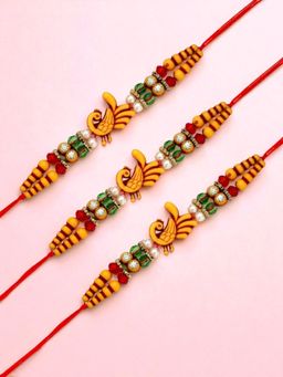 ADIVA - Pack Of 3 Peacock Cz Stone & Beads Thread Rakhi With Thali Roli Chawal Bag Gift Set