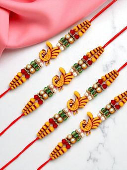ADIVA - Pack Of 4 Peacock Cz Stone & Beads Thread Rakhi With Thali Roli Chawal Bag Gift Set