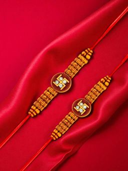 ADIVA - Pack Of 2 Swastika Symbol Cz Stone & Beads Thread Rakhi With Thali Roli Chawal Bag Gift Set