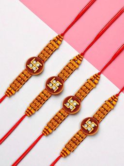 ADIVA - Pack Of 4 Swastika Symbol Cz Stone & Beads Thread Rakhi With Thali Roli Chawal Bag Gift Set