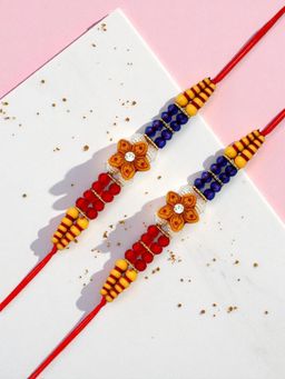 ADIVA - Pack Of 2 Floral Stone & Beads Thread Rakhi With Thali Roli Chawal Bag Gift Set