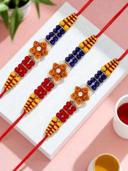 ADIVA - Pack Of 3 Floral Stone & Beads Thread Rakhi With Thali Roli Chawal Bag Gift Set