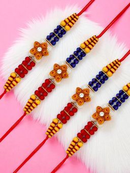 ADIVA - Pack Of 4 Floral Stone & Beads Thread Rakhi With Thali Roli Chawal Bag Gift Set