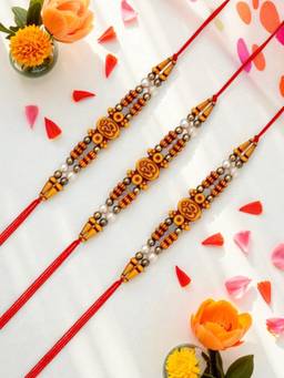 ADIVA - Pack Of 3 Om Symbol Cz Stone & Beads Thread Rakhi With Thali Roli Chawal Bag Gift Set