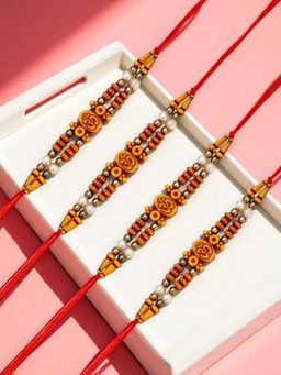 ADIVA - Pack Of 4 Om Symbol Cz Stone & Beads Thread Rakhi With Thali Roli Chawal Bag Gift Set