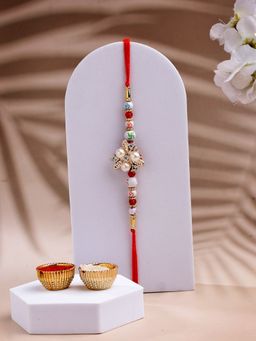 ADIVA - Floral Cz Stone & Beads Thread Rakhi With Thali Roli Chawal Bag Gift Set