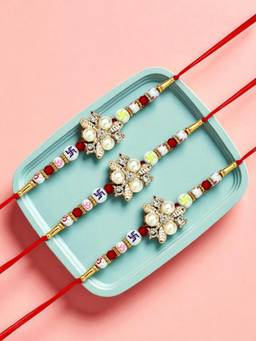 ADIVA - Pack Of 3 Floral Cz Stone & Beads Thread Rakhi With Thali Roli Chawal Bag Gift Set