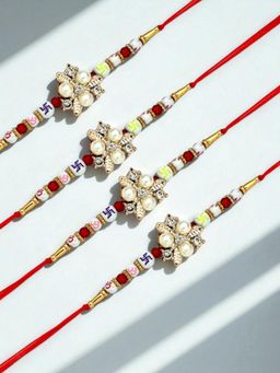 ADIVA - Pack Of 4 Floral Cz Stone & Beads Thread Rakhi With Thali Roli Chawal Bag Gift Set