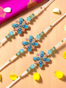 ADIVA - Pack Of 3 Evil Eye Stone & Beads Thread Rakhi With Thali Roli Chawal Bag Gift Set