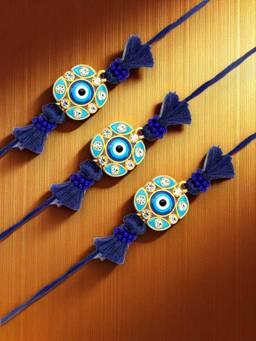 ADIVA - Pack Of 3 Evil Eye Cz Stone & Beads Thread Rakhi With Thali Roli Chawal Bag Gift Set
