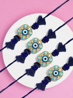 ADIVA - Pack Of 4 Evil Eye Cz Stone & Beads Thread Rakhi With Thali Roli Chawal Bag Gift Set