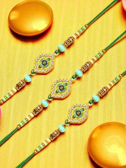 ADIVA - Pack Of 3 Gold-Plated Cz Stone & Beads Thread Rakhi With Thali Roli Chawal Bag Gift Set