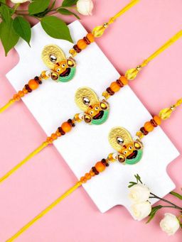 ADIVA - Pack Of 3 Lord Khatu Shyam Stone & Beads Thread Rakhi With Thali Roli Chawal Bag Gift Set